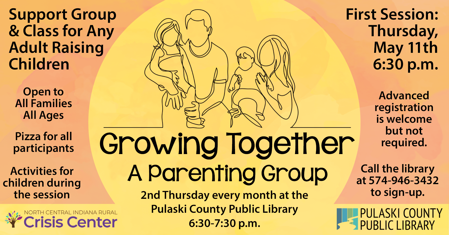 Growing Together: Line drawing of parents holding their young children alongside information about the program.