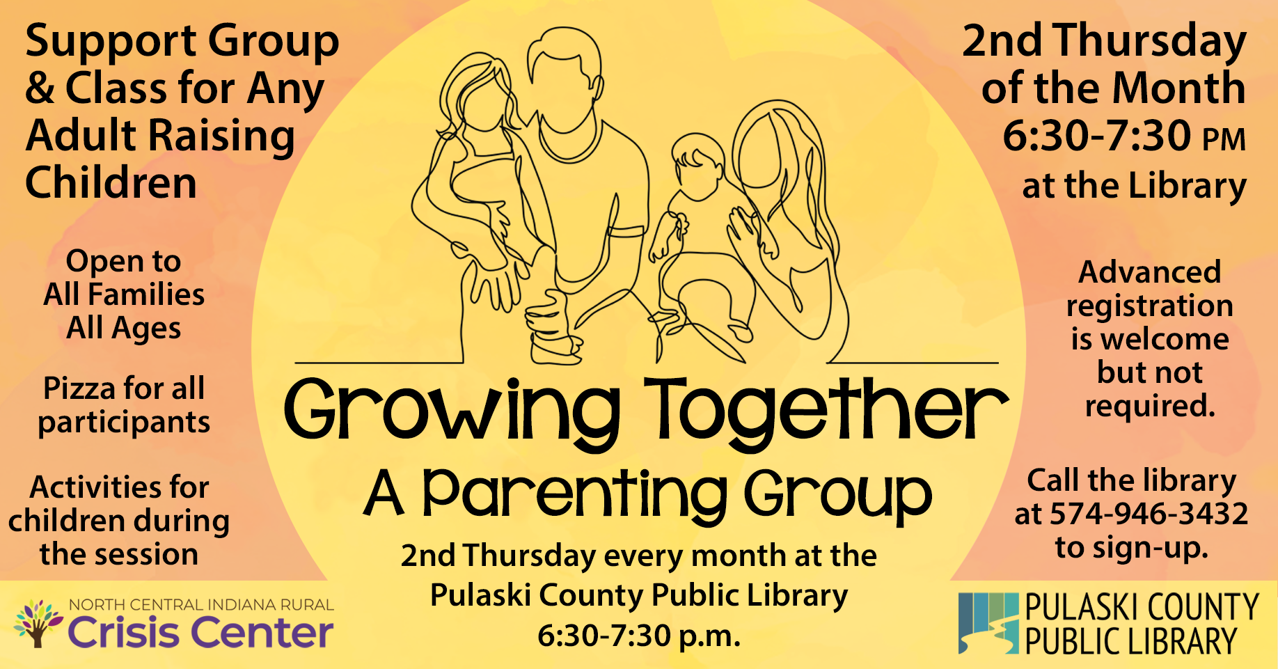 Growing Together: Line drawing of parents holding their young children alongside information about the program.