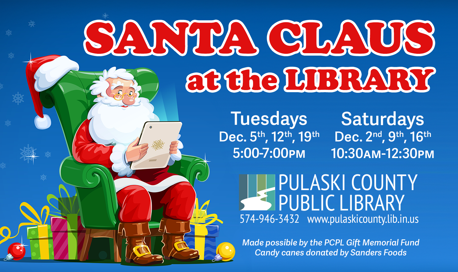 Santa Claus sitting and reading his "naughty or nice" list on a tablet, next to information about the library's Santa events.  Details about the event can be found in the accompanying post.