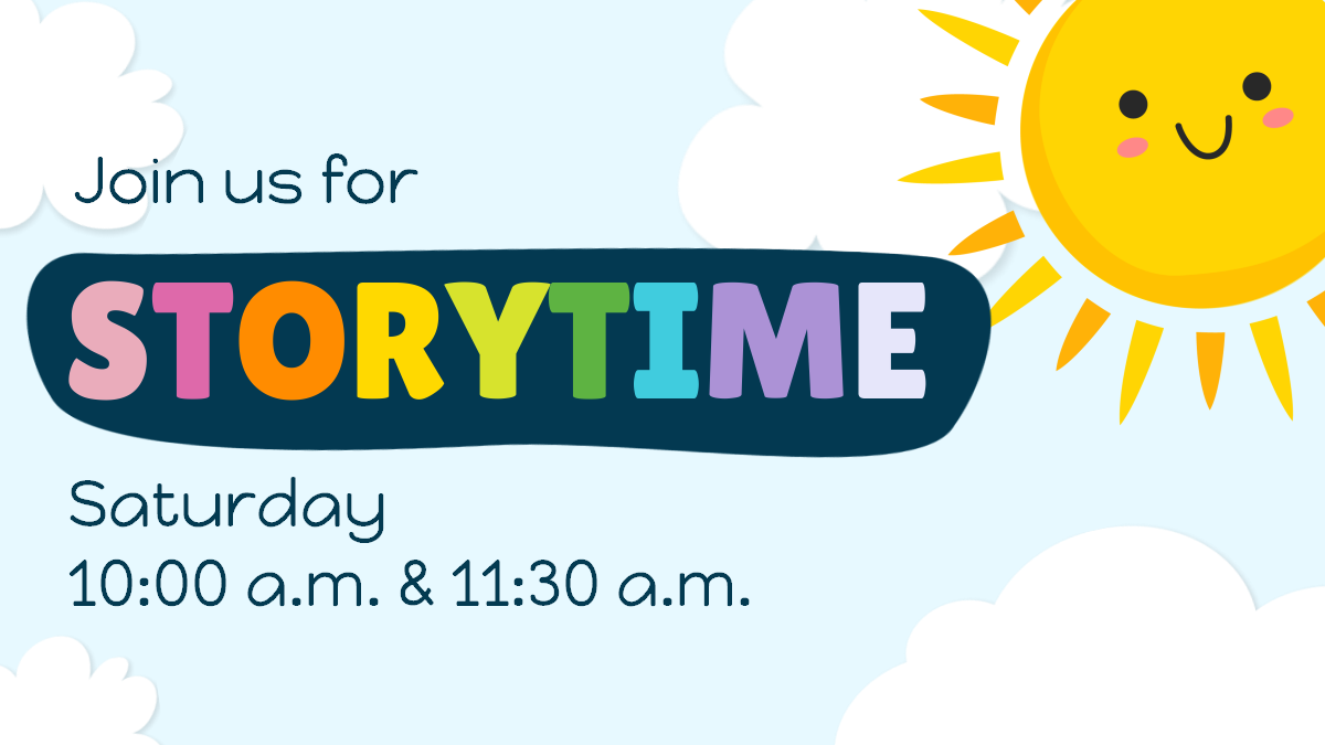 An illustration of a blue sky with white clouds and a smiling sun, with the text "Join us for Story Time!"