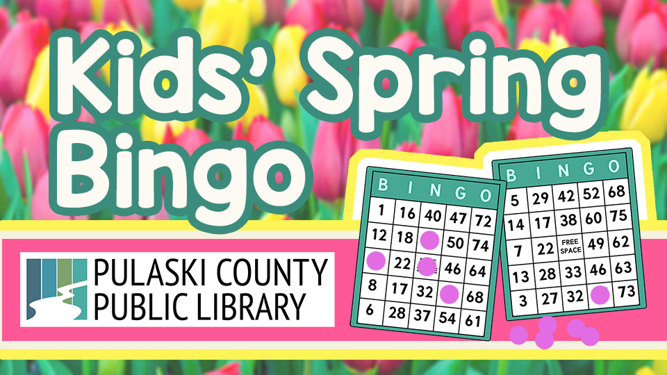 bingo boards and a field of tulips with the text "Kids' Spring Bingo"