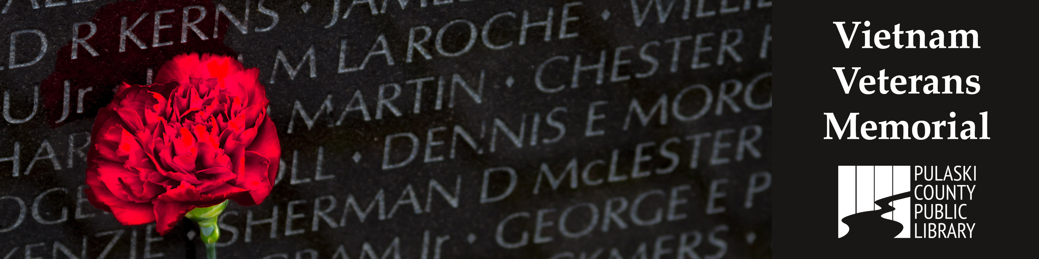 Vietnam Wall with flower and PCPL logo and text "Vietnam Veterans Memorial"