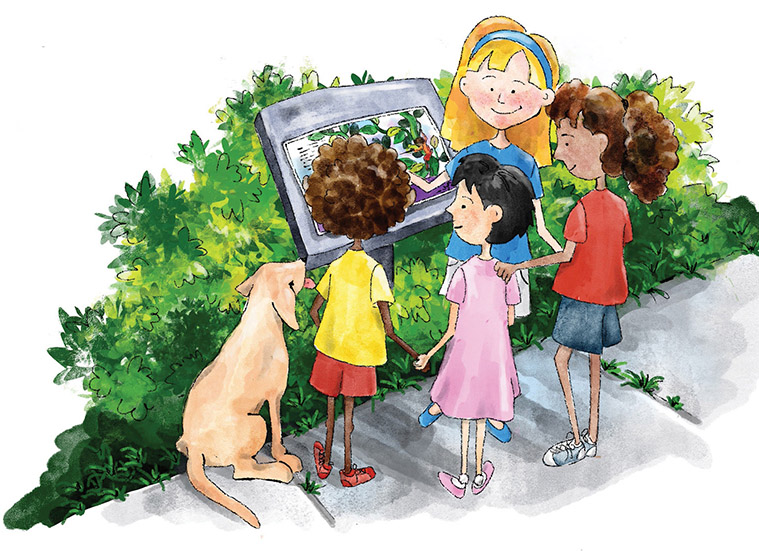 color illustration of four happy children and a dog outside gathered around a Story Trail station presenting a page of a book