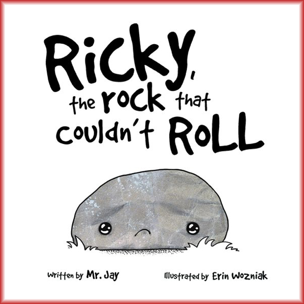 book cover for "Ricky, the Rock That Couldn't Roll," featuring an illustration of a sad, flat-looking rock