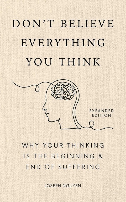 book cover for "Don't Believe Everything You Think", featuring a line drawing of a brain inside head in profile view