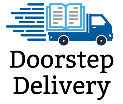 A truck moving and carrying a large open book in its cargo bed, above the words "Doorstep Delivery"