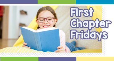 A girl lying down reading a book with the text "First Chapter Fridays"