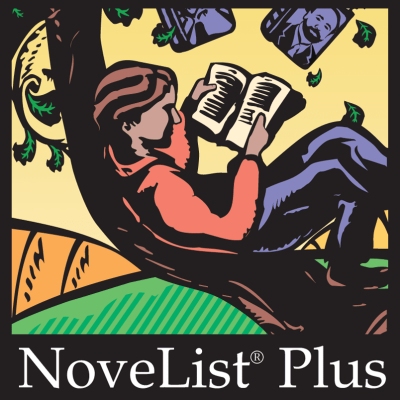 NoveList Plus logo, featuring a boy reading in a tree
