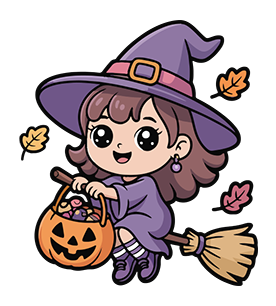 illustration of a cute witch flying on a broomstick and holding a jack-o-lantern trick-or-treat basket