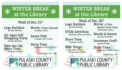 Illustration of a wintery background, with PCPL logo and text listing the events happening over winter break. The text is duplicated in the body of the post.