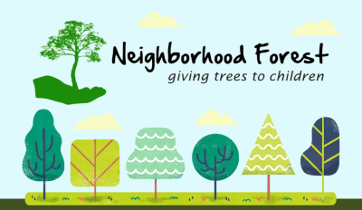 Neighborhood Forest logo above a row of illustrated trees