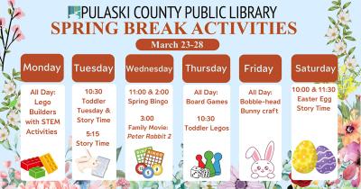 a floral background with the title "Spring Break Activities" along with icons about each day's activities