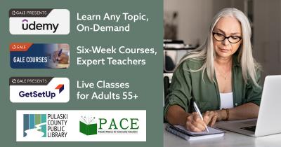 an older woman sitting at a laptop and writing in her notebook, next to logos for Udemy, Gale Courses, GetSetUp, PCPL, and PACE