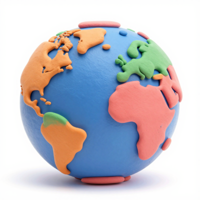claymation rendering of the earth, in orange, pink, blue, and green colors