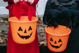 Kids holding candy buckets on halloeen