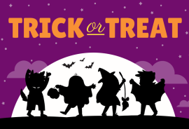 children in costumes silhouetted against the rising moon with the text "Trick or Treat"