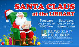 Santa Claus sitting and reading his "naughty or nice" list on a tablet, next to information about the library's Santa events.  Details about the event can be found in the accompanying article.