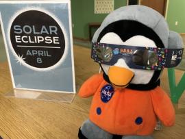 Stuffed penguin in a Nasa spacesuit wearing eclipse glasses.