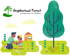 illustration of father and child planting tree, with Neighborhood Forest logo