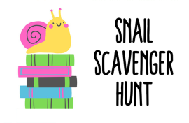 A cute snail sitting on top of a pile of books with the text "Snail Scavenger Hunt"