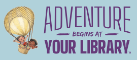 illustration of two children flying in a hot air balloon with the Summer Reading text logo: "Adventure Begins at Your Library"