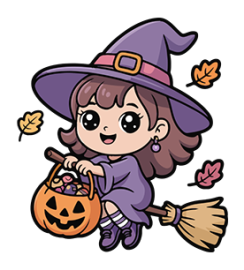 illustration of a cute witch flying on a broomstick and holding a jack-o-lantern trick-or-treat basket
