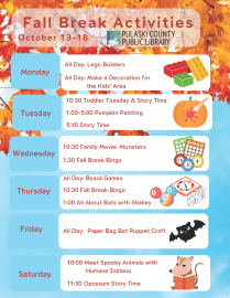 A listing of activities each day of the week over a background of fall leaves and blue sky. The same information can be found in the text of the article.