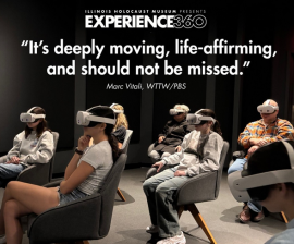 a group of people sitting in chairs wearing white VR goggles over their eyes, with a quote: "It's deeply moving, life-affirming, and should not be missed." –Mark Vitali, WTTW/PBS