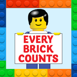 Lego minifigure holding a sign that says "Every Bright Counts" surrounded by a colorful border of Lego pieces