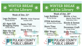 Illustration of a wintery background, with PCPL logo and text listing the events happening over winter break. The text is duplicated in the body of the post.