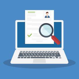 illustration of a resume with a manifying glass over it seemingly examining the text, hovering above a laptop