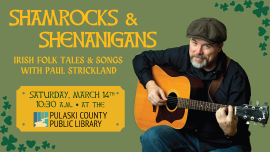 a man with a goatee wearing a flat cap holding a guitar and slightly smiling, with title, date, and time of event and PCPL logo