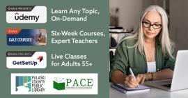 an older woman sitting at a laptop and writing in her notebook, next to logos for Udemy, Gale Courses, GetSetUp, PCPL, and PACE