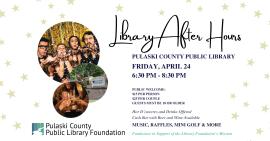young adults celebrating at a fancy gold-colored party, clinking glasses, and a sign saying "Pulaski County Public Library," alongside text about the event, all surrounded by stars