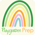 Playgarden Prep logo featuring a whimsical illustration of a rainbow