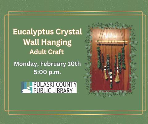 photo of eucalyptus wall hanging with date & time of event and PCPL logo