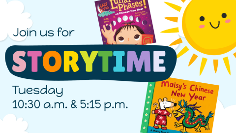 story time image with book covers for Maisy's Chinese New Year by Lucy Cousins and Lunar Phases on Chinese New Year by Ruth Spiro