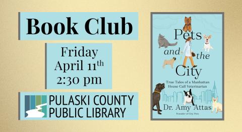 book cover for "Pets and the City" with date and time of event and PCPL logo