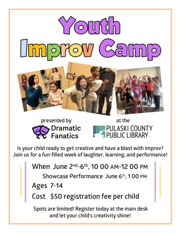 text: "Youth Improv Camp"; photos of children performing improv; logos for PCPL and Dramatic Fanatics; and additional text which is the same as the text in the description of the event on this page