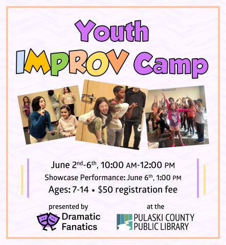 text: "Youth Improv Camp"; photos of children performing improv; logos for PCPL and Dramatic Fanatics; and additional text which is the same as the text in the description of the event on this page