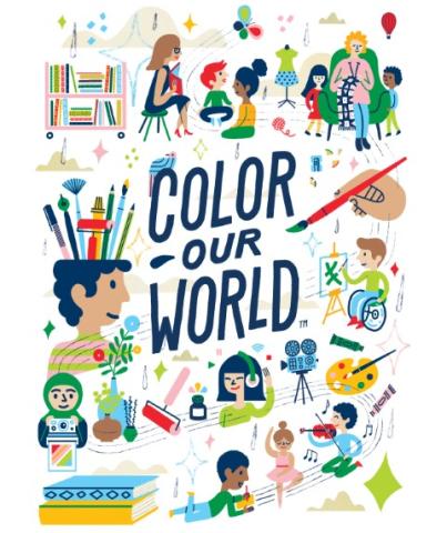 "Color Our World" logo, with colorful illustrations of children partipating in many crafty and creative activities.
