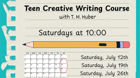 illustration of a pencil and notebook paper, with calendar highlighting the program's three Saturdays in July