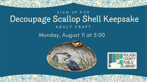 image of a heron decoupaged on the inside of a large scallop shell, alongside date & time of event and PCPL logo