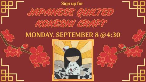 flat square depiction of a Japanese Kokeshi doll made out of fabric