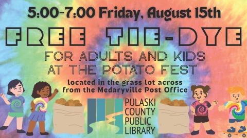 illustration of children wearing colorful tie-dye T-shirts and sacks of potatoes, on top of a tie-dye spiral background