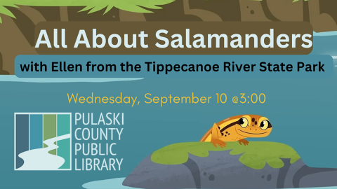 illustration of an orange salamander crawling out of a pond onto a moss colored rock, next to the PCPL logo