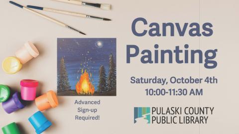 oil painting featuring a large bonfire and pine trees under a night sky, on top of the graphic's background of paint, paintbrushes, PCPL logo, and title & time of event