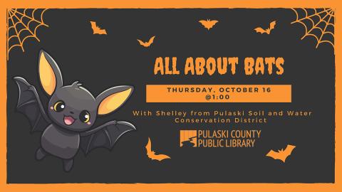 illustration of a cute bat alongside title, date, and time of event, and the PCPL logo