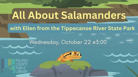 illustration of an orange salamander crawling out of a pond onto a moss colored rock, next to the PCPL logo