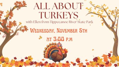 illustration of a turkey and autumn leaves & trees, with title, date, and time of event